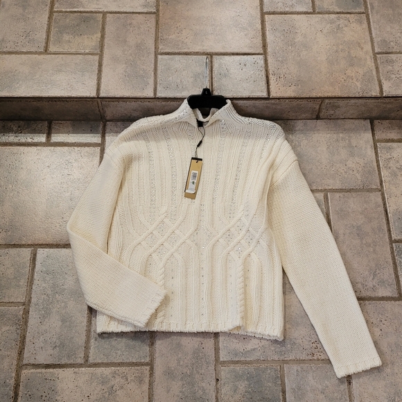 Donna Karan Embellished Cable Knit Mock Turtle Neck Wool Blend Thick Sweater - Picture 8 of 14